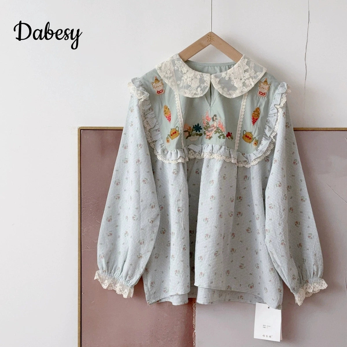 Japanese Patchwork Lolita Blouses Women Vintage Lace Ruffled Peter Pan Collar Kawaii Shirt Sweet Mori Puff Sleeve Blusas Mujer