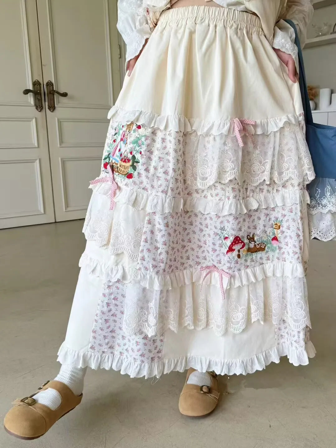 Embroidery Lace Ruffled Cotton Pleated Long Skirt