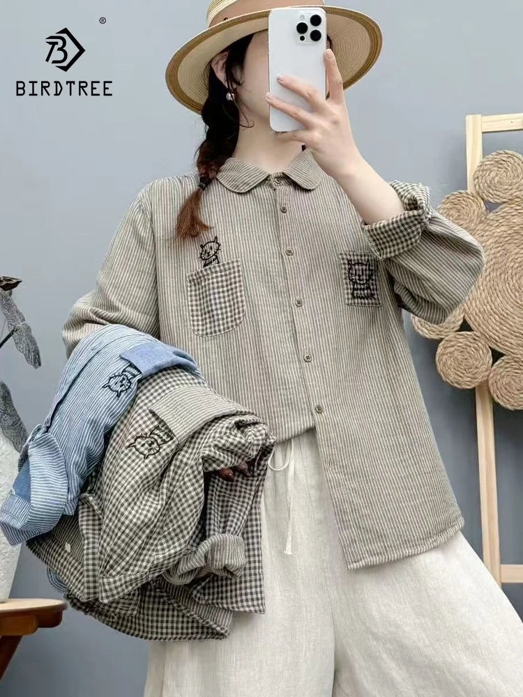New 2025 Autumn Cotton Yarn Long Sleeve Shirt, Women Lapel Striped Embroidery, Mori Girl Fashion OL Cute Loose Blouse T58050CC