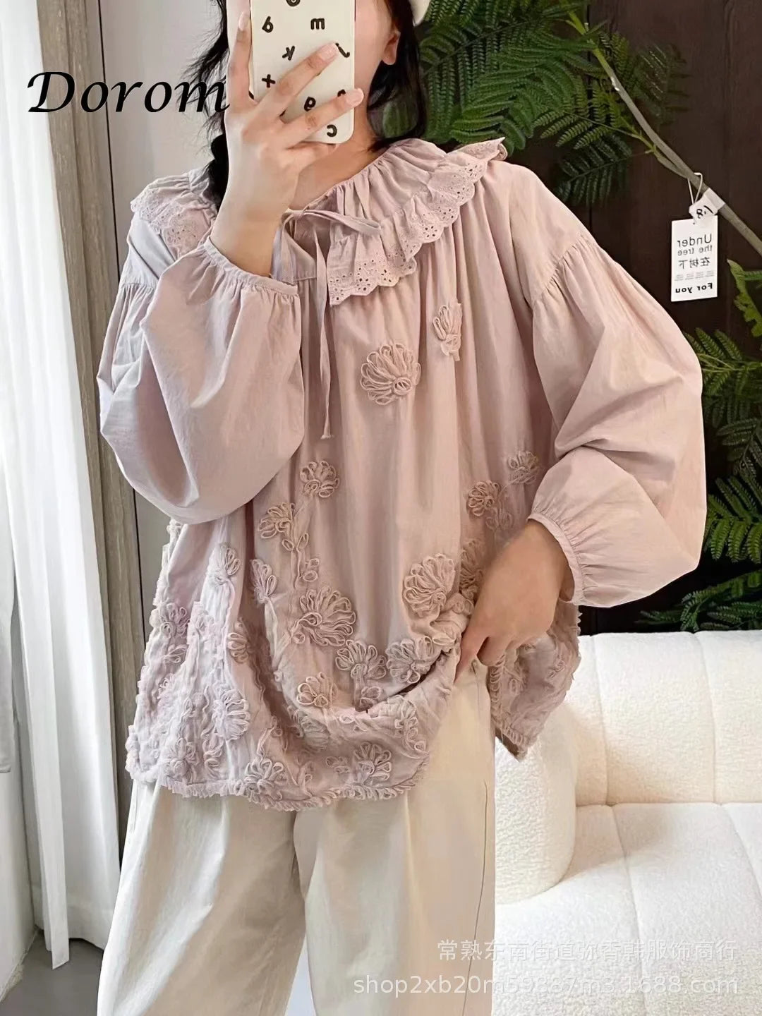 Vintage Embroidery Flower Cotton Linen Shirts Women Spring Summer Japanese Mori Ruffled Lace-up Long Sleeve Blouse Casual Tops