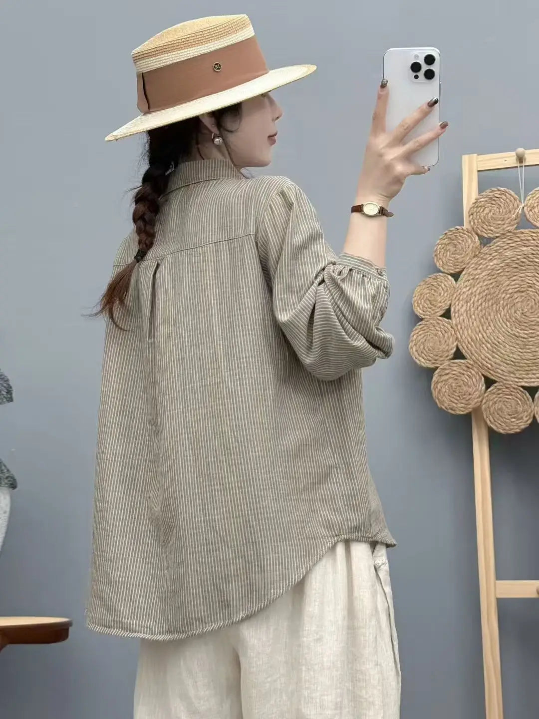 New 2025 Autumn Cotton Yarn Long Sleeve Shirt, Women Lapel Striped Embroidery, Mori Girl Fashion OL Cute Loose Blouse T58050CC
