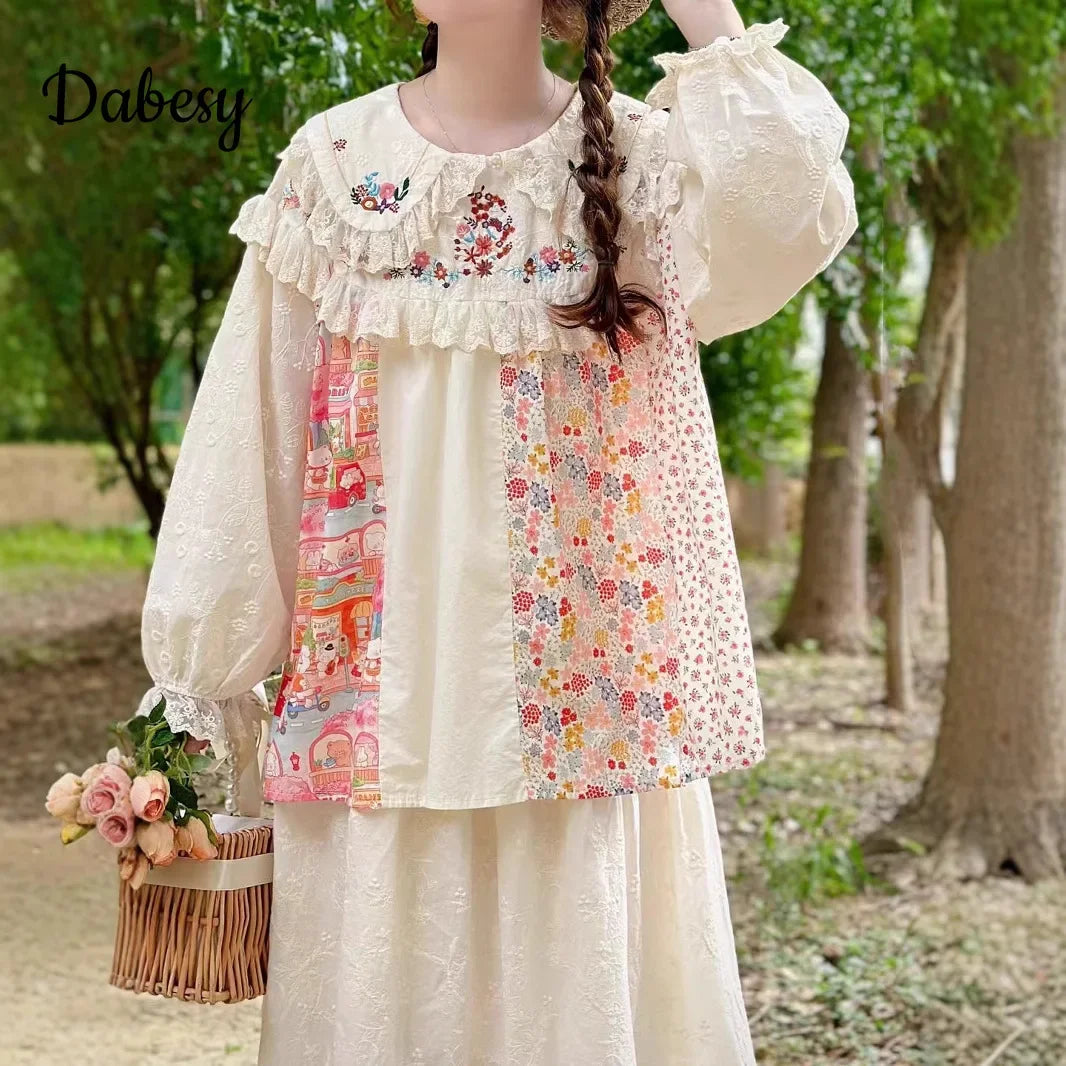Vintage Embroidery Lace Ruffles Patchwork Shirt Women