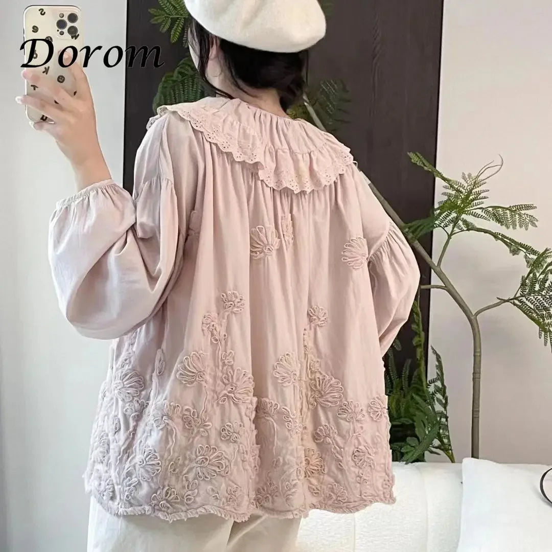 Vintage Embroidery Flower Cotton Linen Shirts Women Spring Summer Japanese Mori Ruffled Lace-up Long Sleeve Blouse Casual Tops