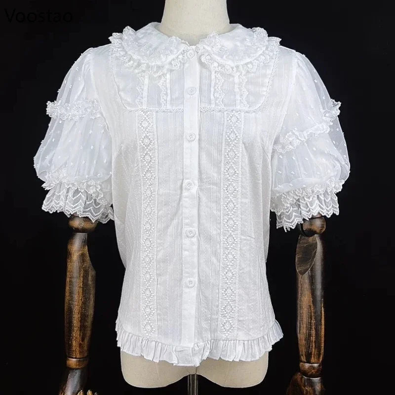 Summer Japanese Sweet Lolita Shirts Women Kawaii Cute Puff Short Sleeve Lace Ruffles Slim Blouses Tops Girls Y2k Clothes New