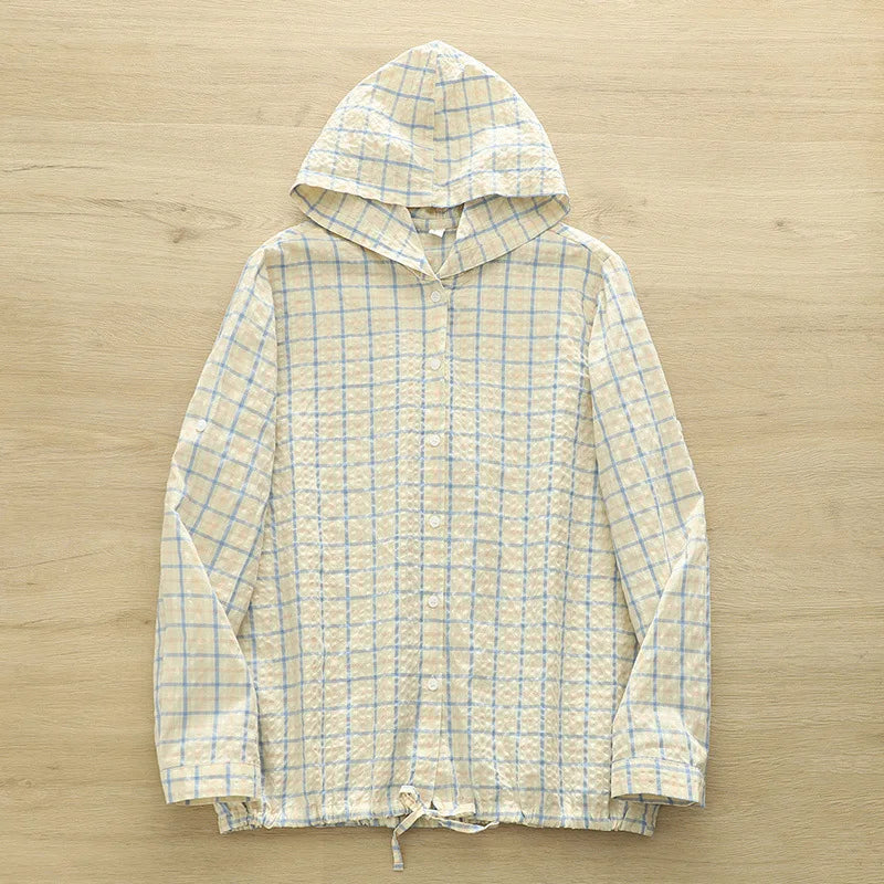 New 2025 Autumn Bubble Cotton Hooded Shirt, Women Long Sleeve Plaid, Mori Girl Casual Versatile Sunscreen Loose Blouse T57448CC