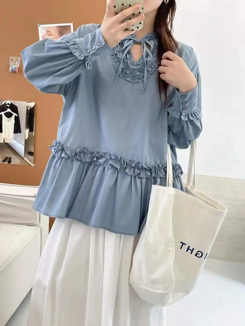New 2025 Autumn Cotton Long Sleeve Shirt, Women Stand Ruffles Lace-up, Mori Girl French Retro Sweet Loose Doll Blouse T59946CC
