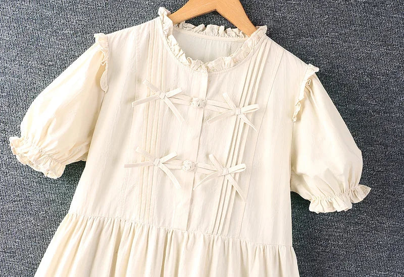 Summer New Sweet Mori Girl Bow Ruffles Cotton Linen Midi Dress Women Short Sleeve Casual Loose A-line Boho Dresses