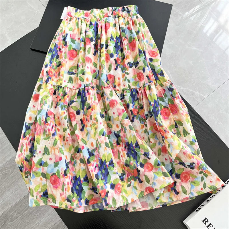 Asymmetric cake skirt бохо одежда Spring elegant long Skirts Summer Women faldas Mujer Moda Colorful floral print Cotton
