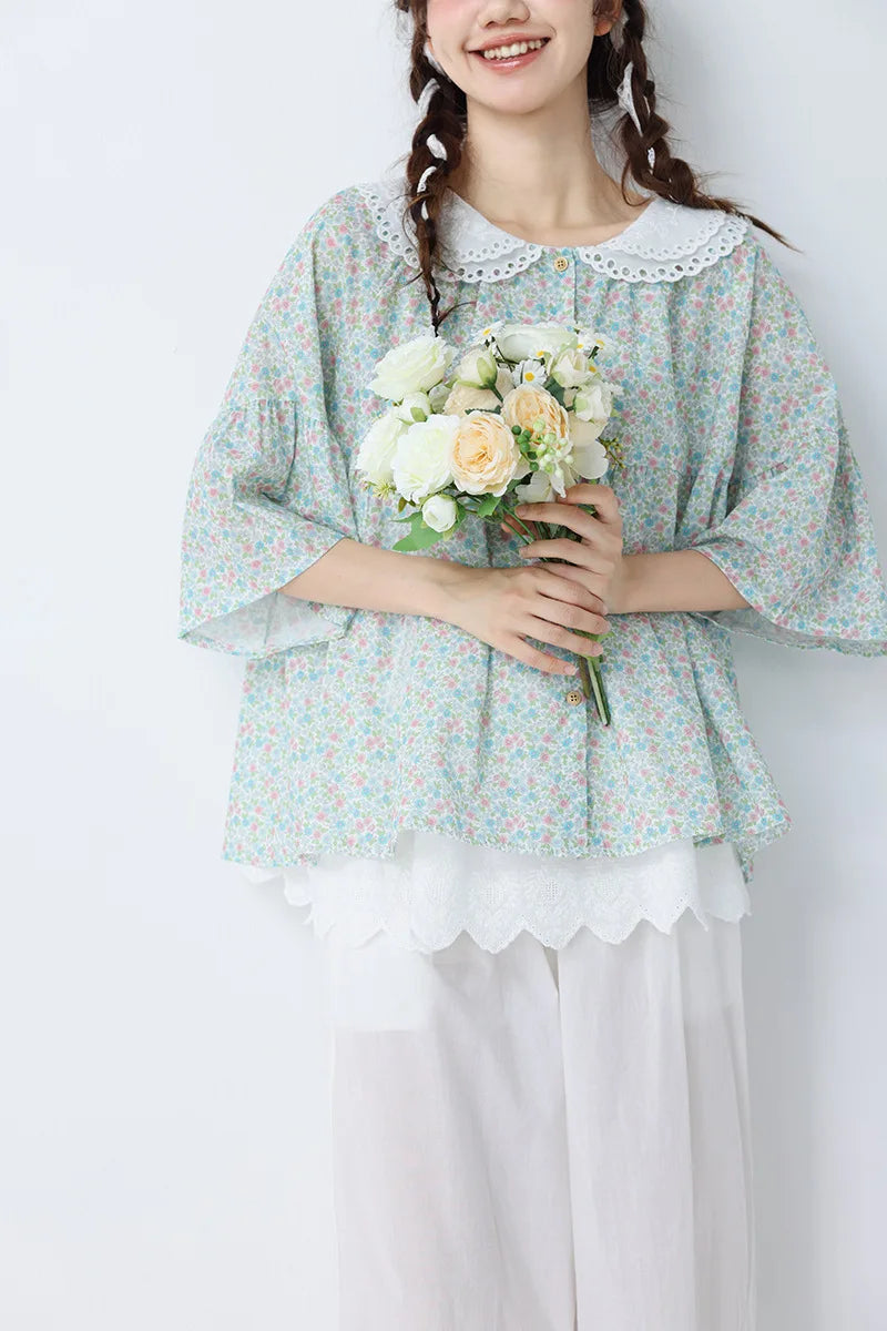 Vintage Flower Embroidery Lace-up Blouse