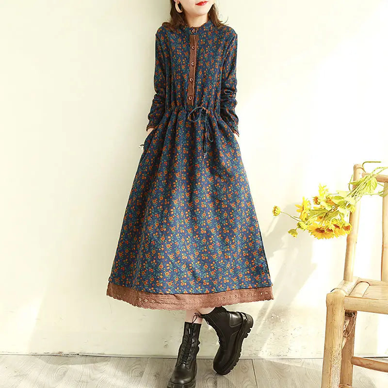 Japanese Mori Girl Art Print Dress Pretty Cotton Linen Spring Women New Floral Dress Loose Long-sleeved Dress Midi Dress