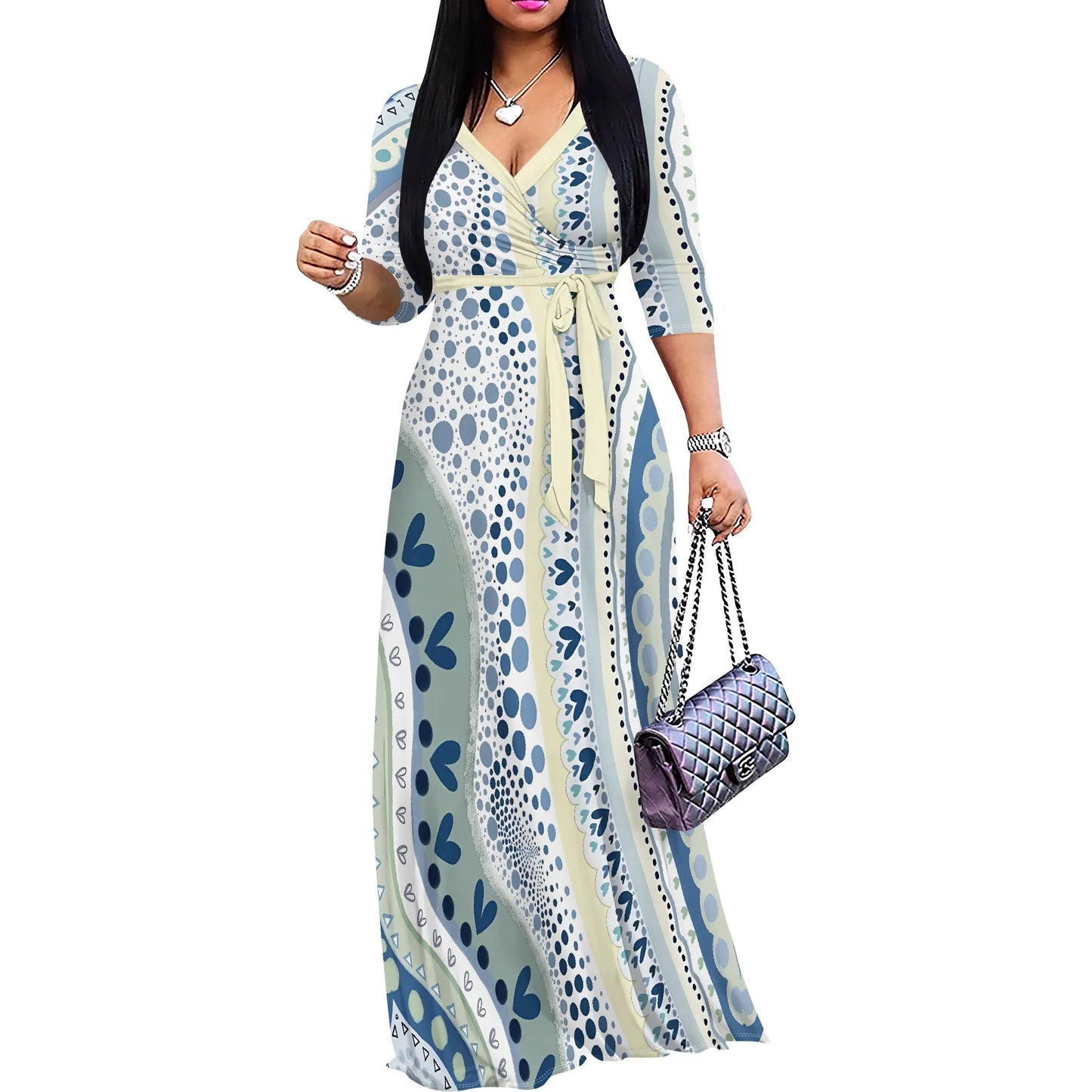 Heart & Dot Print Casual Wrap Maxi Dress