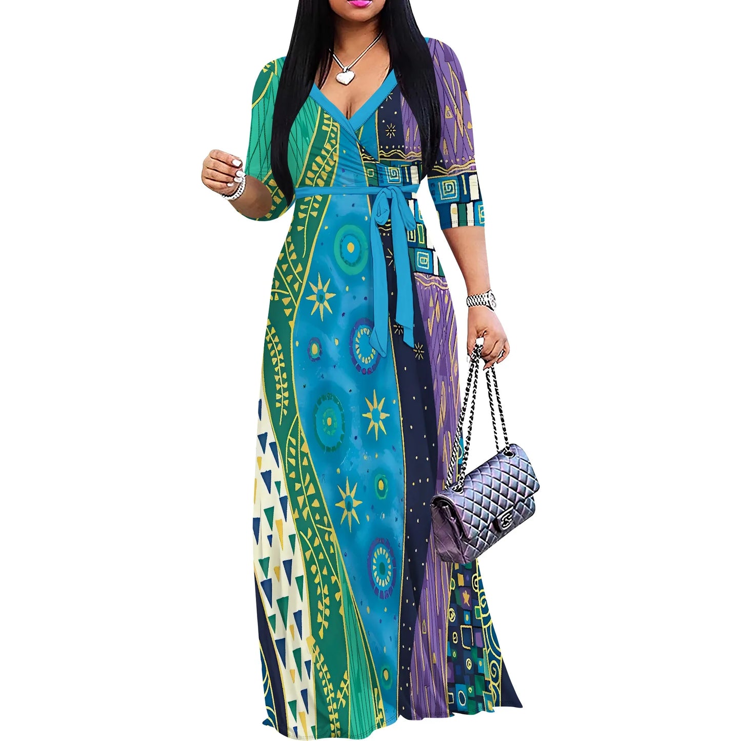 Heart & Dot Print Casual Wrap Maxi Dress
