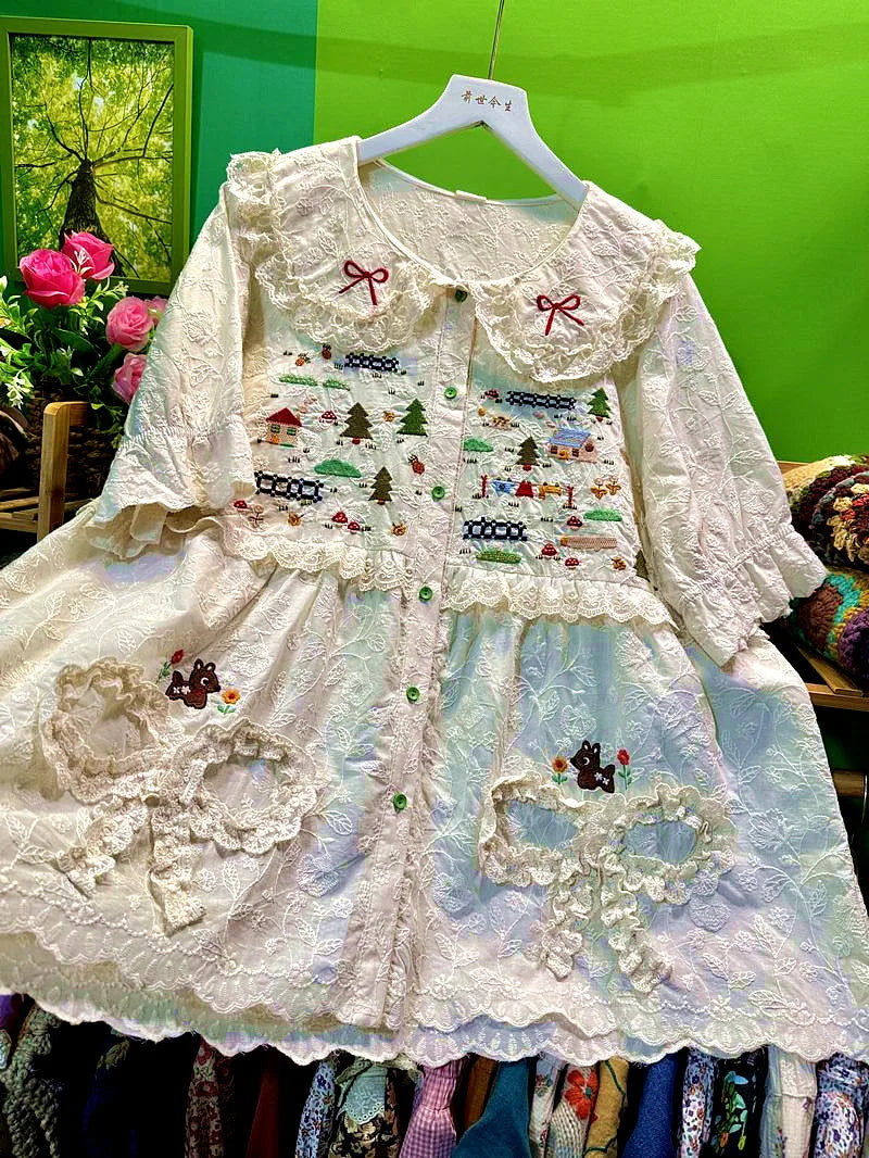 Sweet Lace Ruffled Shirts Women Vintage Embroidery Peter Pan Collar Kawaii Blouse Summer Japan Mori Girl Short Sleeve Loose Tops