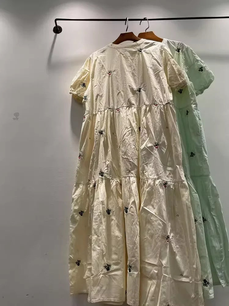 100% cotton women dress Japan style short sleeve beige green embroider maxi dress for women long dress mori girl