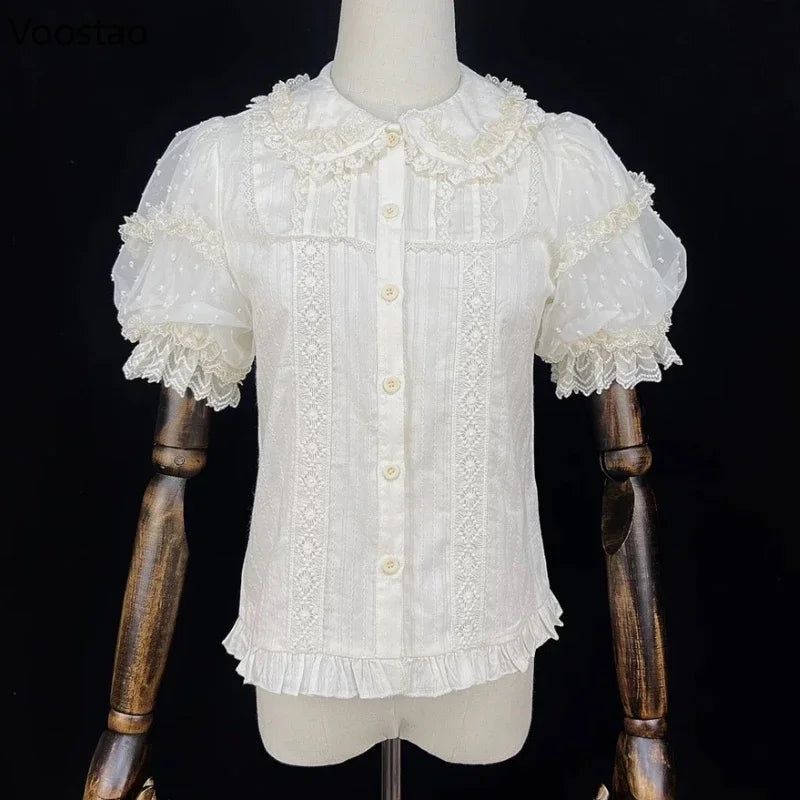 Summer Japanese Sweet Lolita Shirts Women Kawaii Cute Puff Short Sleeve Lace Ruffles Slim Blouses Tops Girls Y2k Clothes New