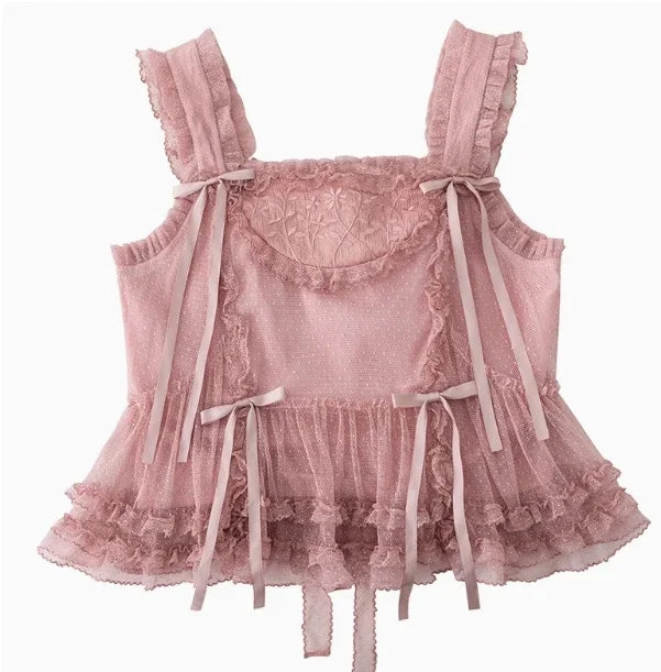 Pink Polka Dot Mesh Lace Multi-layer Long Dress