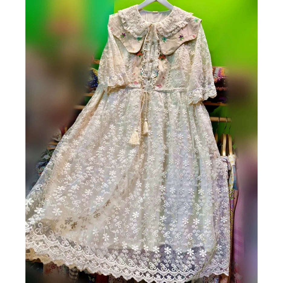 Cotton Linen Lace Cover Patchwork Midi Dress