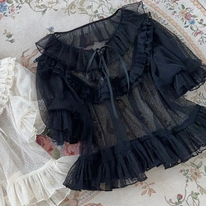 Lolita Sweet Lace Patchwork Women Blouse Japanese Y2K Aesthetic See Through Ruffled Shirt Summer Harajuku Grunge Bandage Blusas
