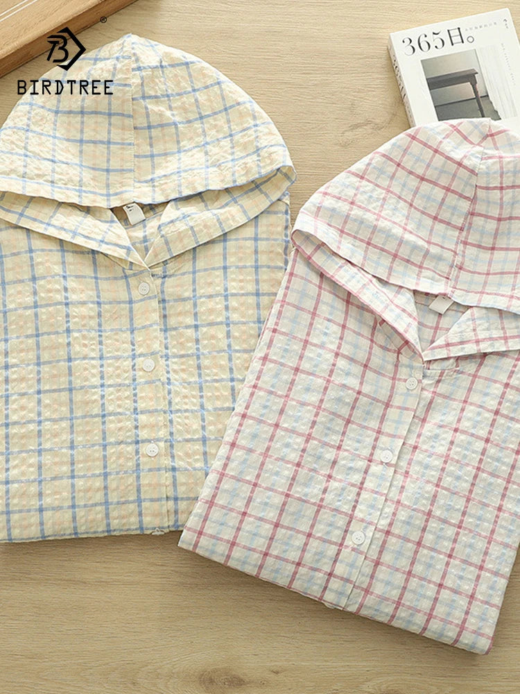 New 2025 Autumn Bubble Cotton Hooded Shirt, Women Long Sleeve Plaid, Mori Girl Casual Versatile Sunscreen Loose Blouse T57448CC