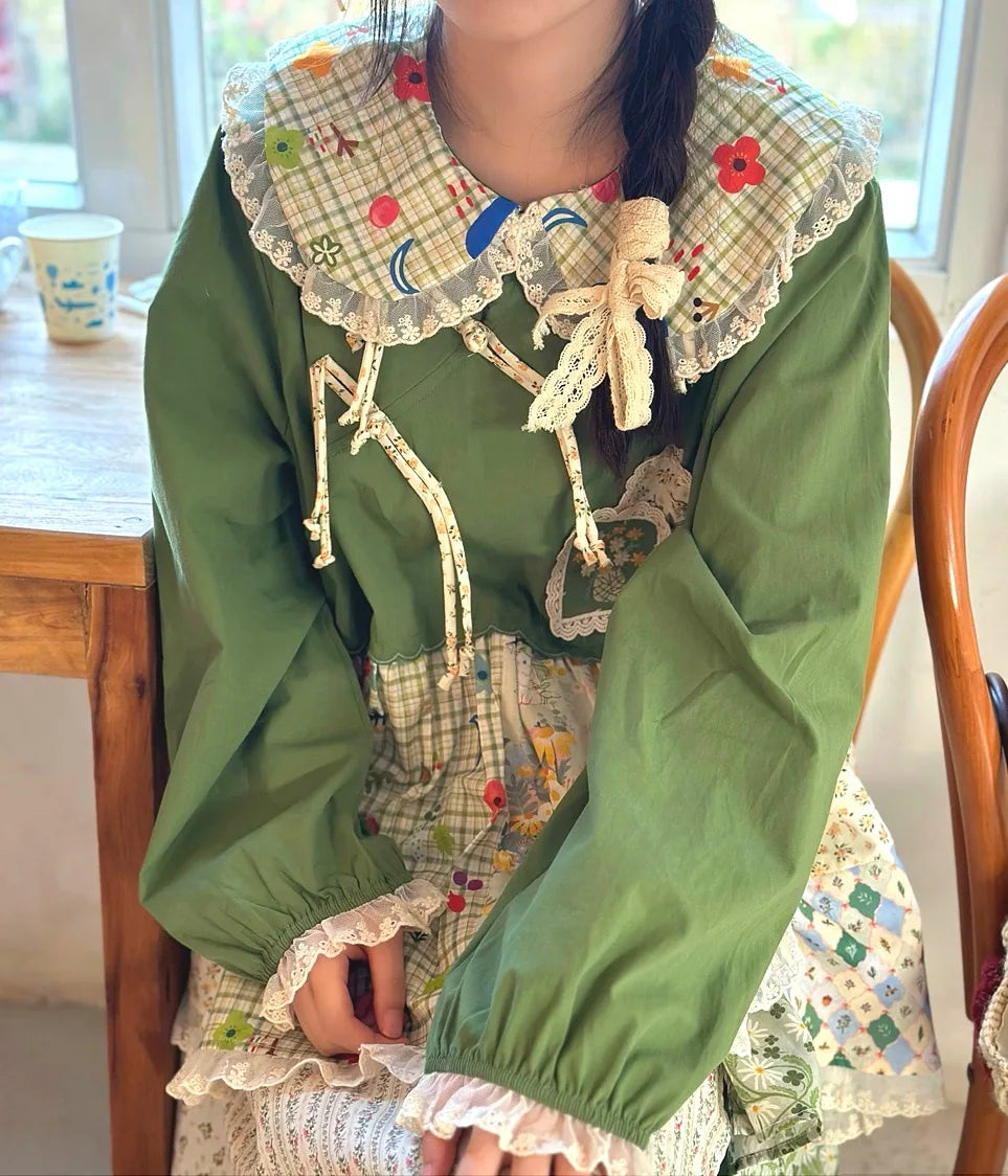 Patchwork Green Cotton Linen Lace Ruffle Doll Collar Top