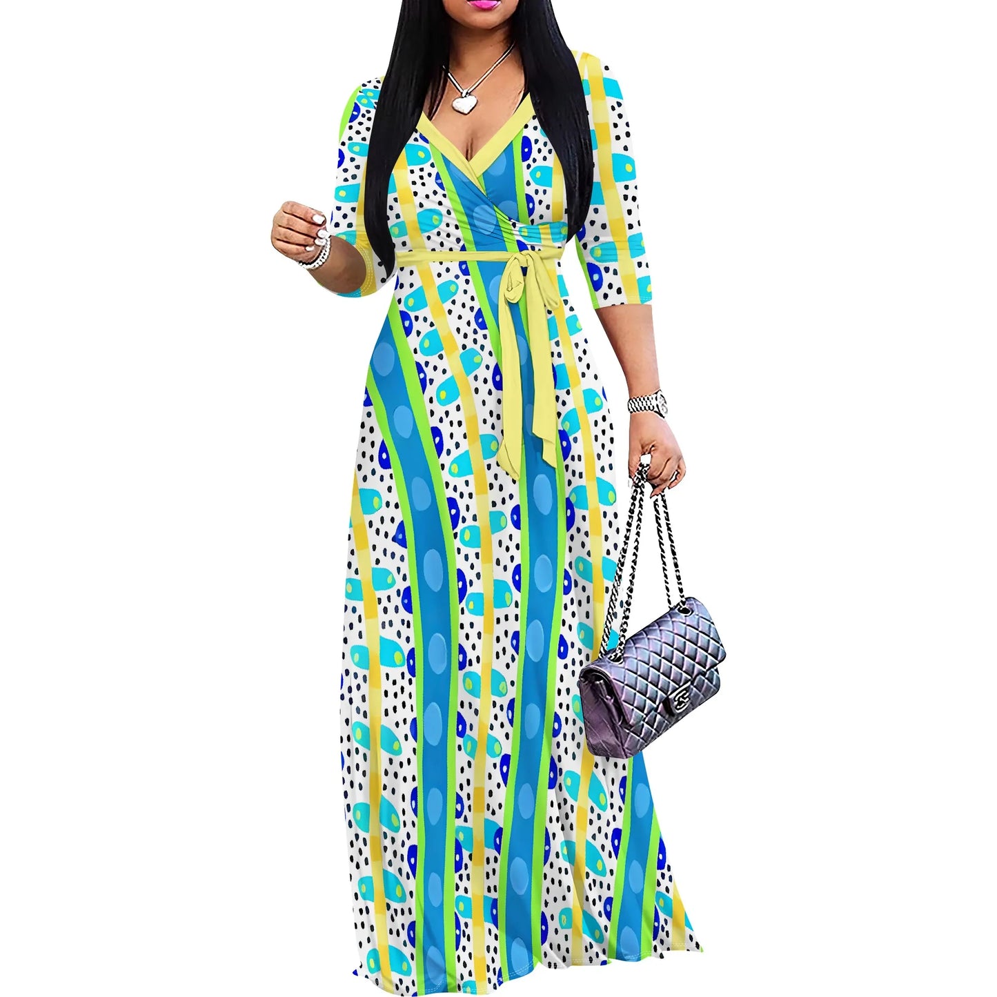 Heart & Dot Print Casual Wrap Maxi Dress