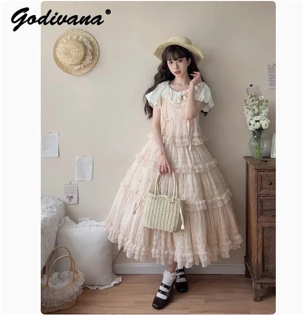 Pink Polka Dot Mesh Lace Multi-layer Long Dress