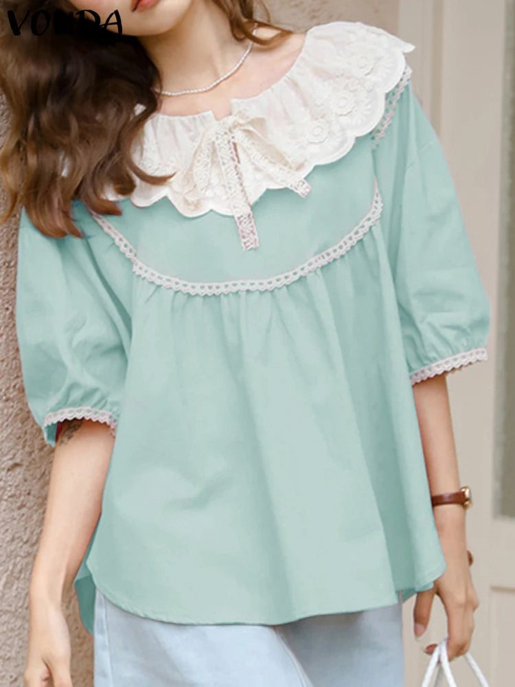 Patchwork Tops Women Elegant Lace Shirts 2025 VONDA Bohemian Half Lantern Sleeve Blouse Casual O-Neck Blusas Oversized Tunic
