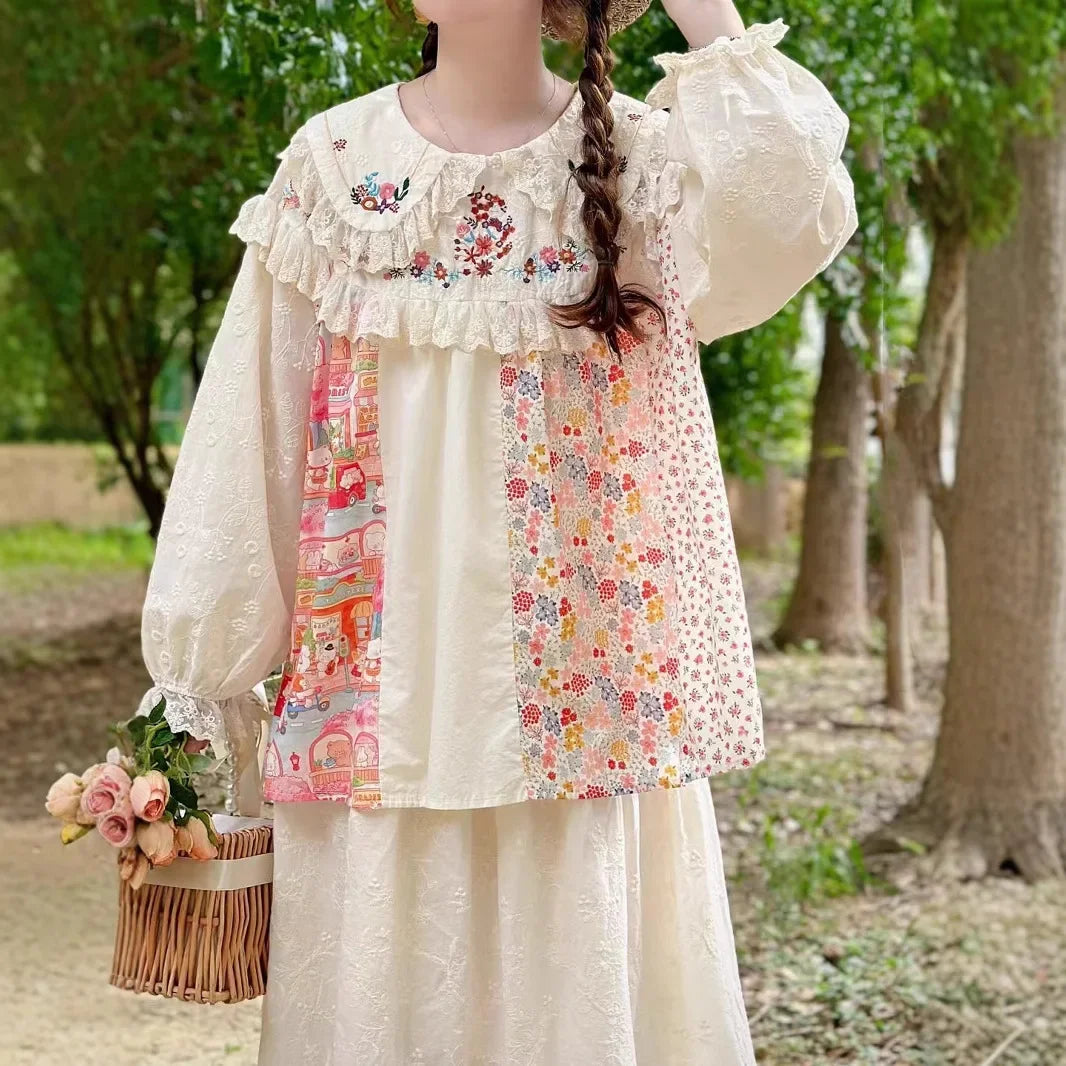 Vintage Embroidery Lace Ruffles Patchwork Shirt Women