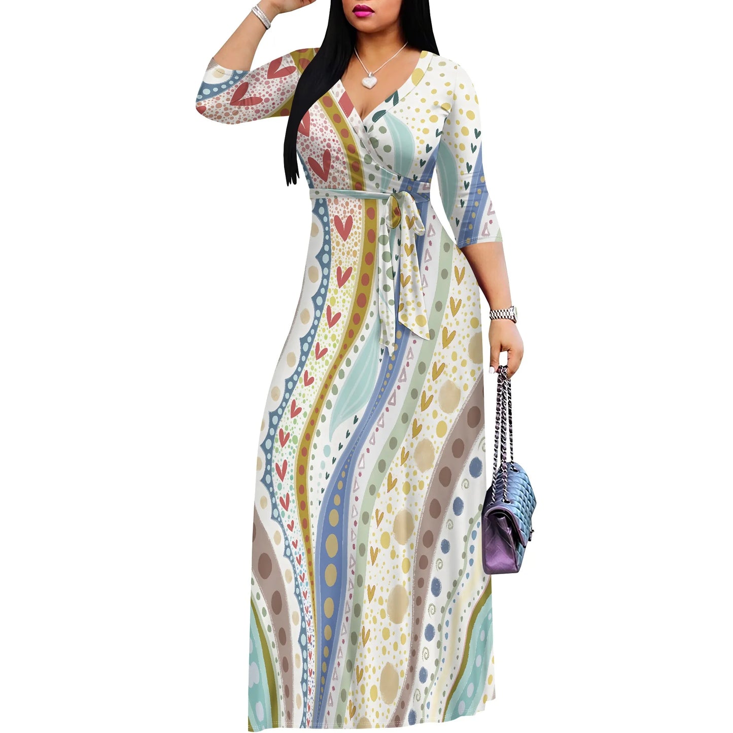 Heart & Dot Print Casual Wrap Maxi Dress