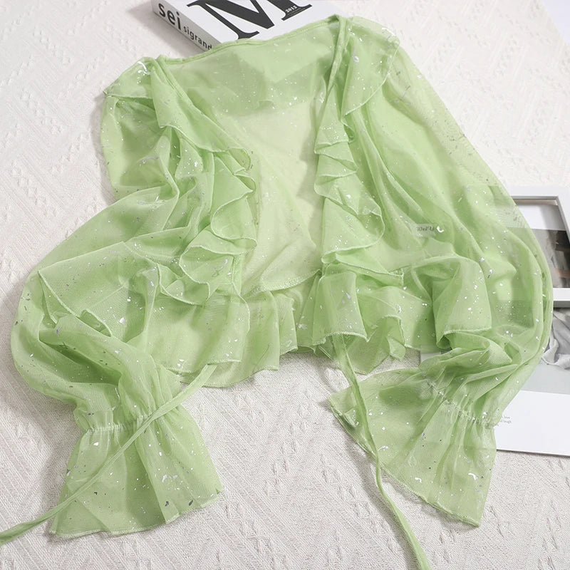 Women Ruffles Sweet Long Sleeved Lace Up Transparent Knit Short Coat Mesh Sheer Shinny Basics Chiffon Sun-proof Shirt