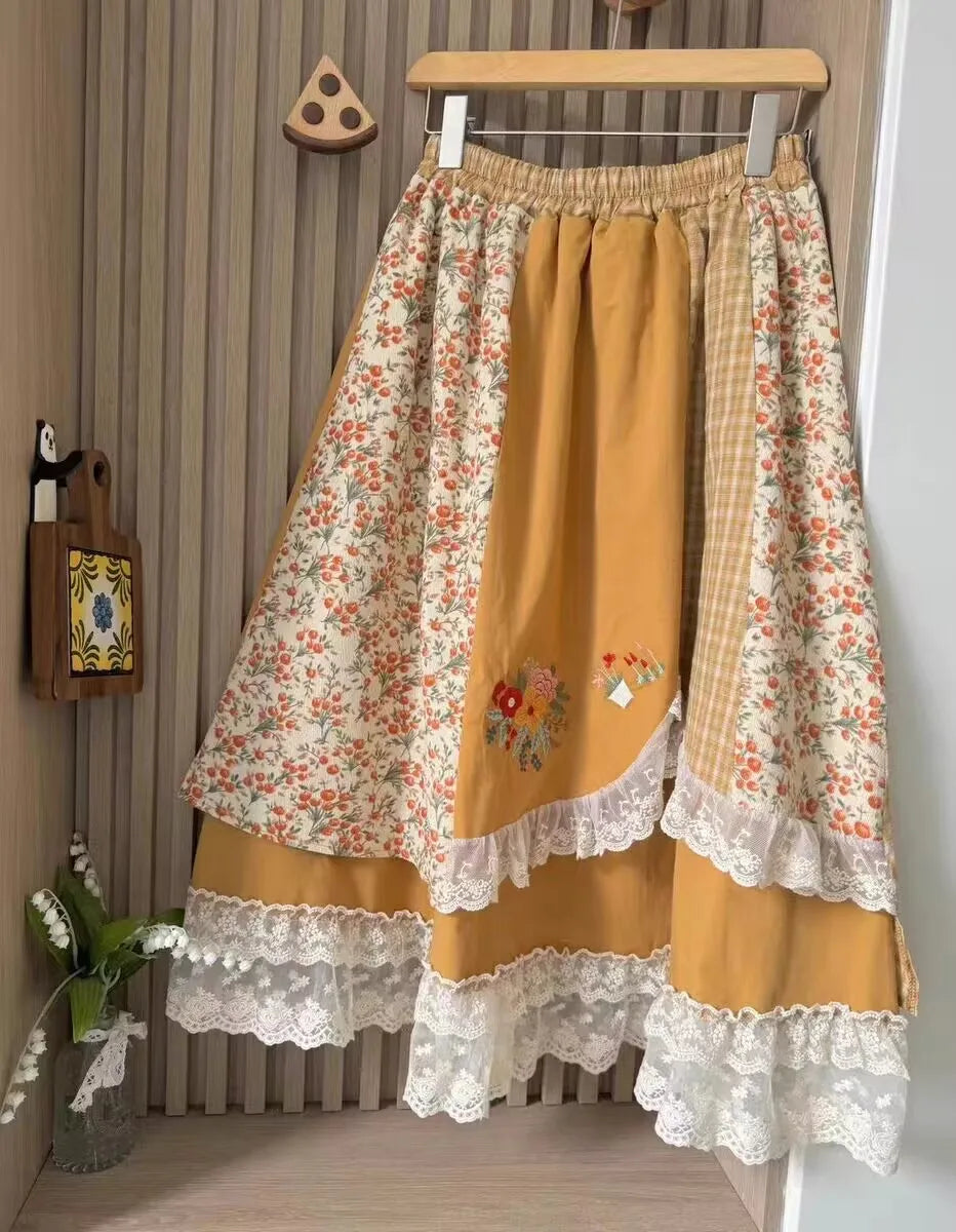 Embroidery Cotton Lace Up Skirt