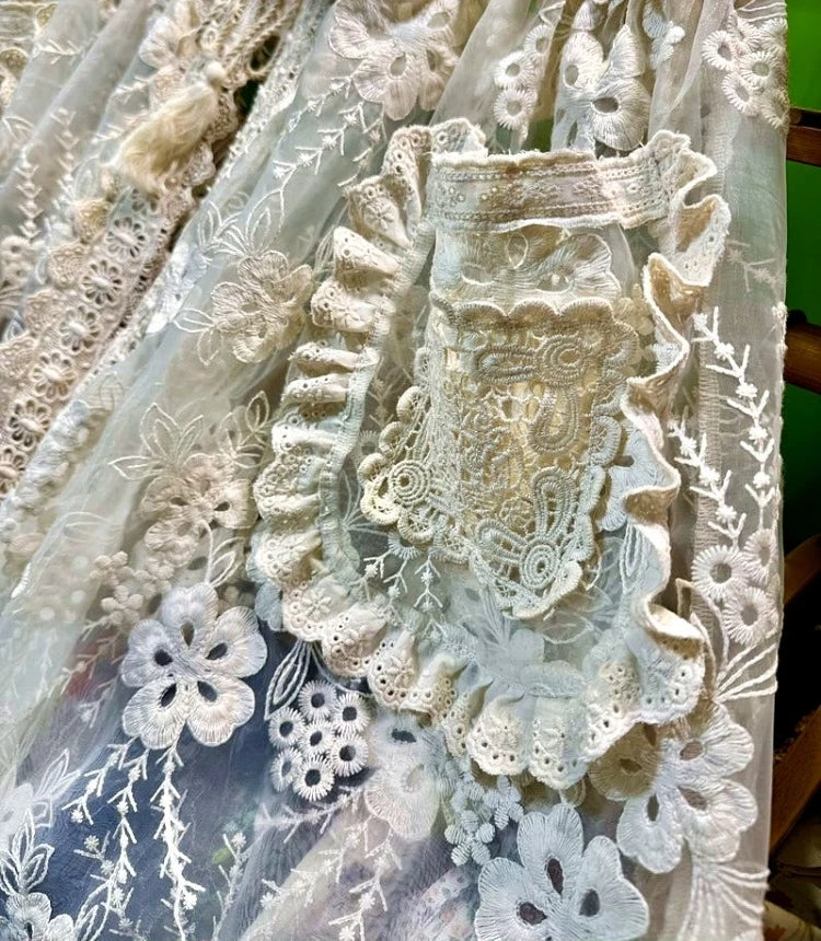 Vintage Ruffled Lace Transparent Sleeveless Long Dress Victorian Midi Dress