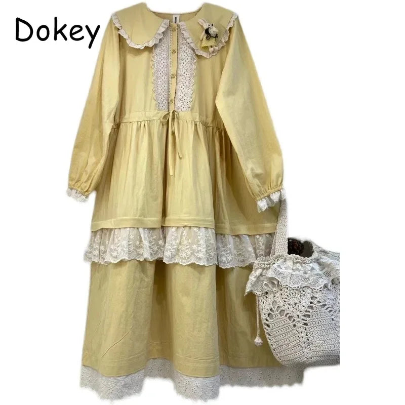 Mori Girl Lace Ruffles Patchwork Dress for Women, Sweet Peter Pan Collar, Kawaii Long Sleeve Dress, Japanese Cotton Linen Loose