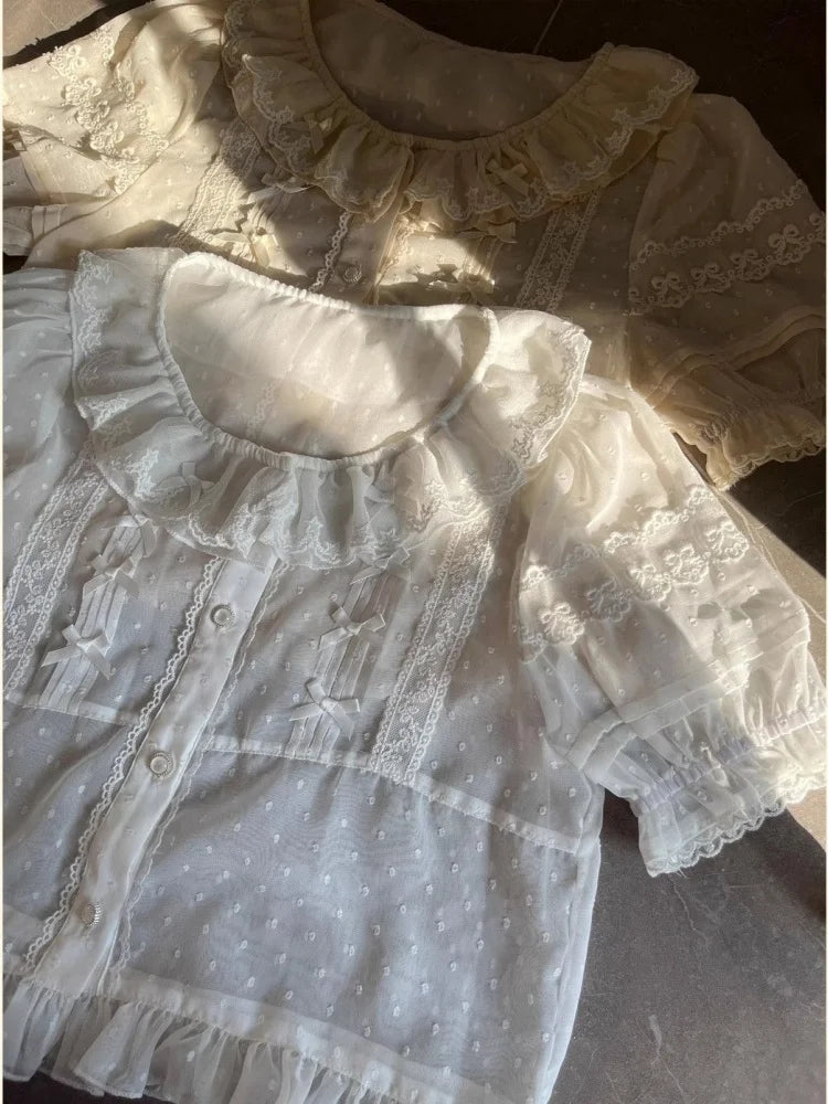 Chiffon Shirts Vintage Lace Ruffles Bow Blouse