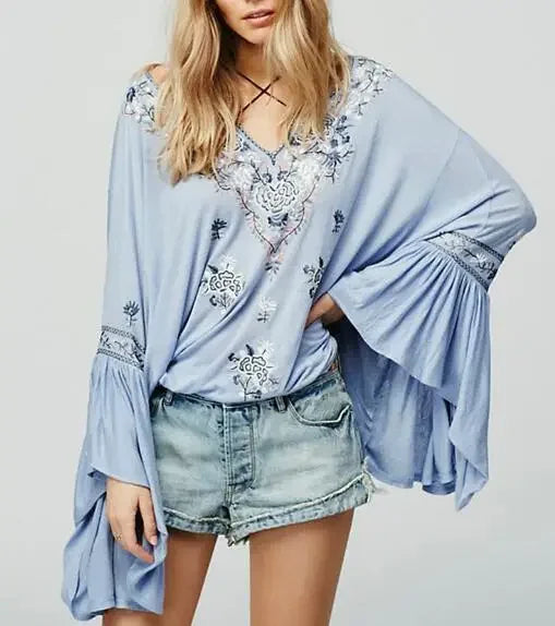 Floral Embroidered Flare Long Sleeve V-neck Casual Blouses
