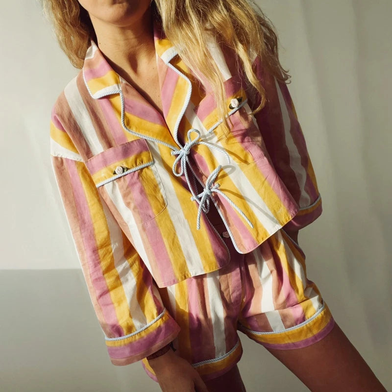 2 Piece Vintage Oufits Indie Graphic Print Front Tie Up Bowknot Full Sleeve Blouse T-shirt + Shorts Fairy Cottage Y2K Streetwear