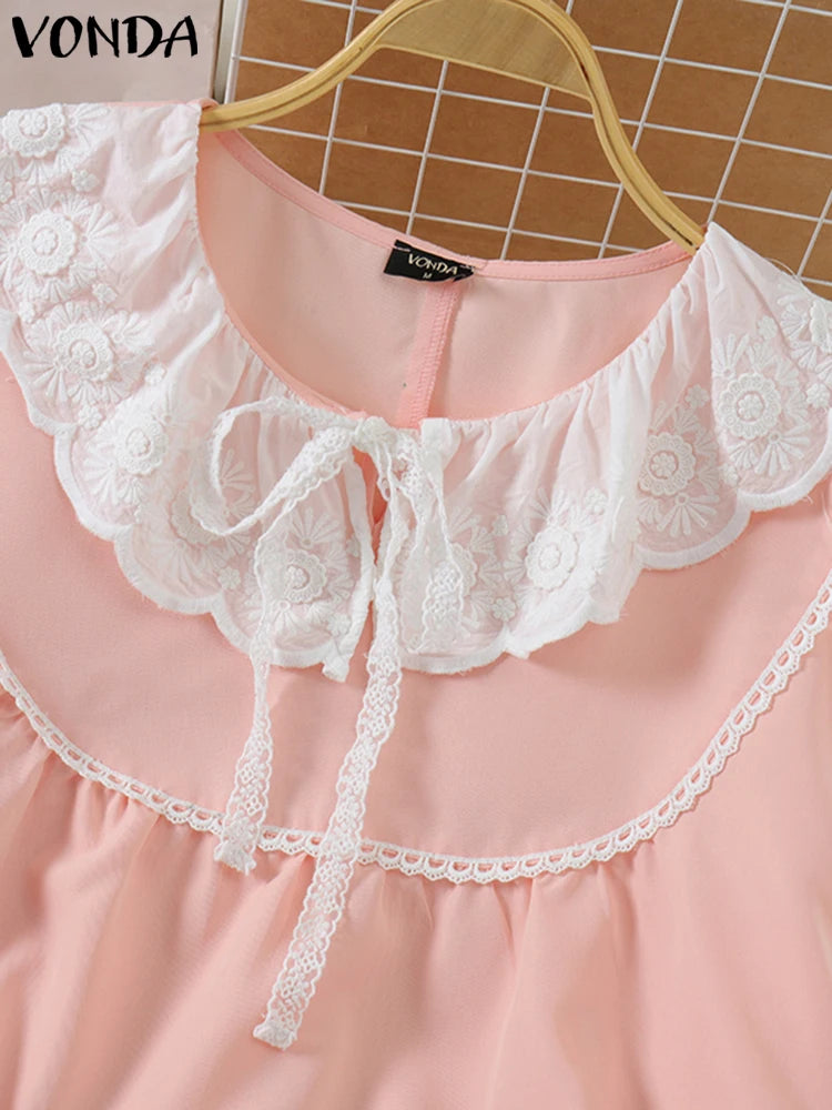 Patchwork Tops Women Elegant Lace Shirts 2025 VONDA Bohemian Half Lantern Sleeve Blouse Casual O-Neck Blusas Oversized Tunic
