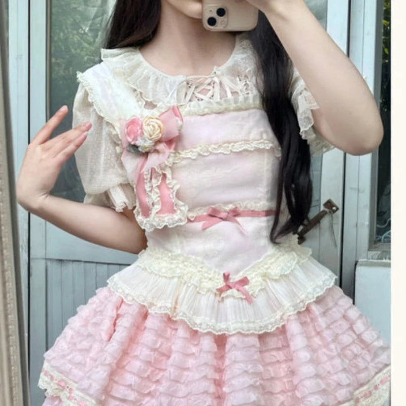 Lolita Sweet Lace Patchwork Women Blouse Japanese Y2K Aesthetic See Through Ruffled Shirt Summer Harajuku Grunge Bandage Blusas