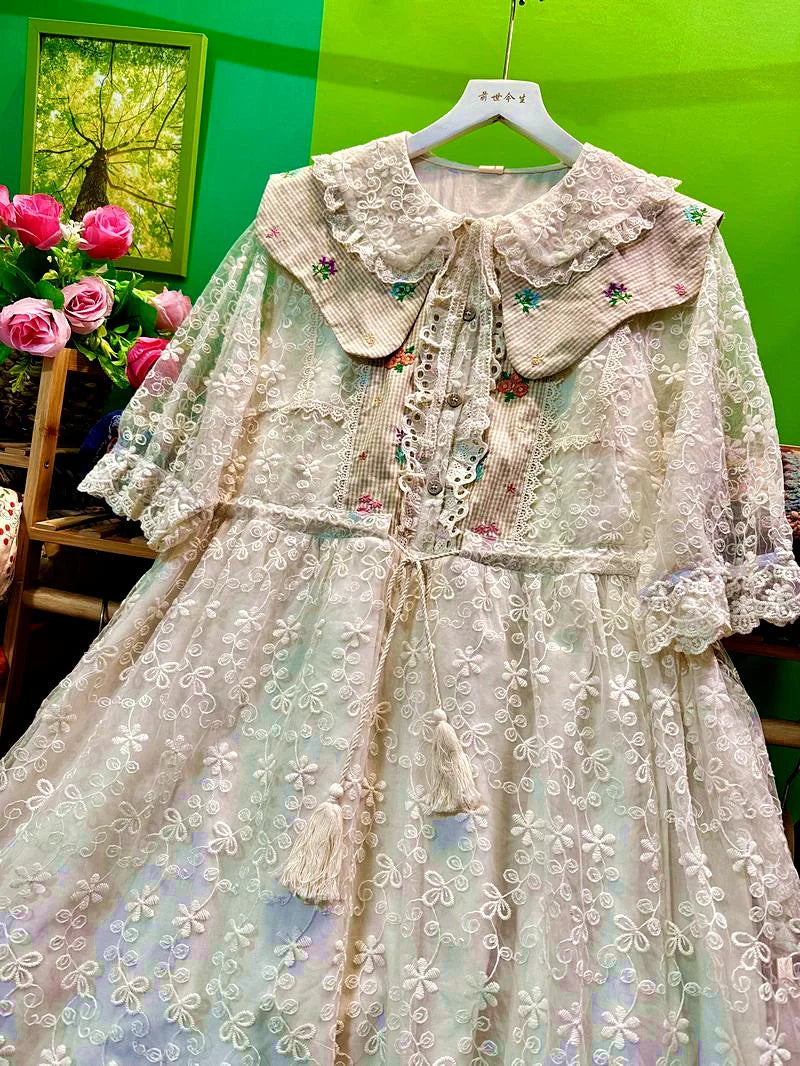 Cotton Linen Lace Cover Patchwork Midi Dress