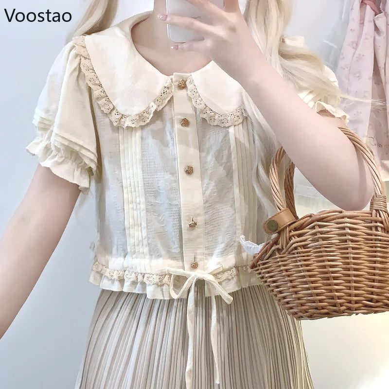 Japanese Kawaii Lolita Cotton Shirt Women Vintage Peter Pan Collar Puff Sleeve JK Blouses Girls Sweet Lace Ruffles Shirt Tops