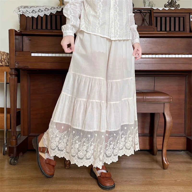 Lace Embroidery Cotton Wide Leg Pants