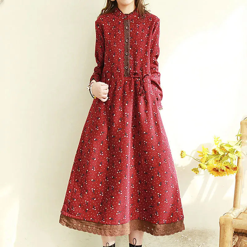 Japanese Mori Girl Art Print Dress Pretty Cotton Linen Spring Women New Floral Dress Loose Long-sleeved Dress Midi Dress