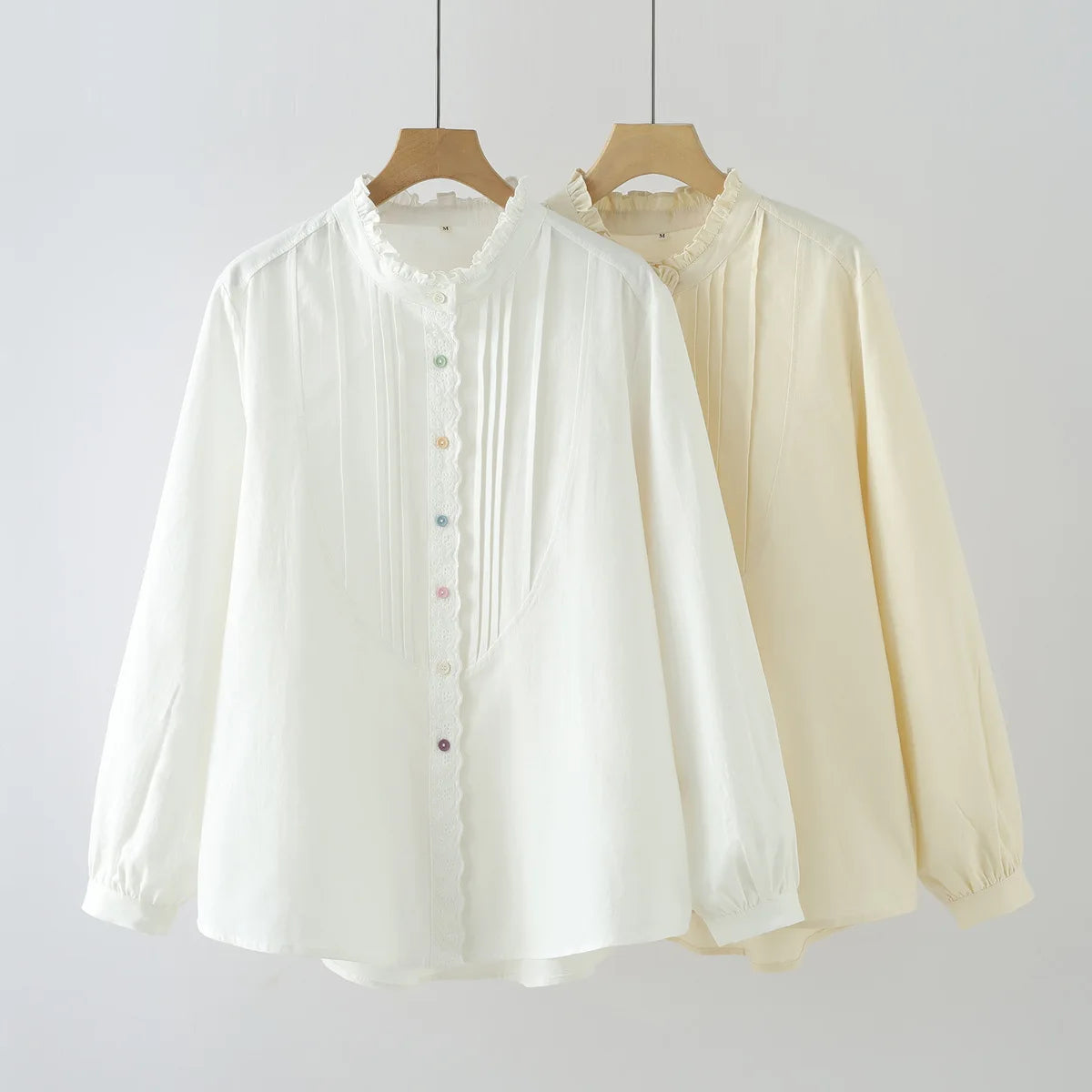 New 2025 Autumn Cotton Long Sleeve Shirt, Women Stand Ruffles Patchwork, Mori Girl Folds Temperament Chic Loose Blouse T59125CC