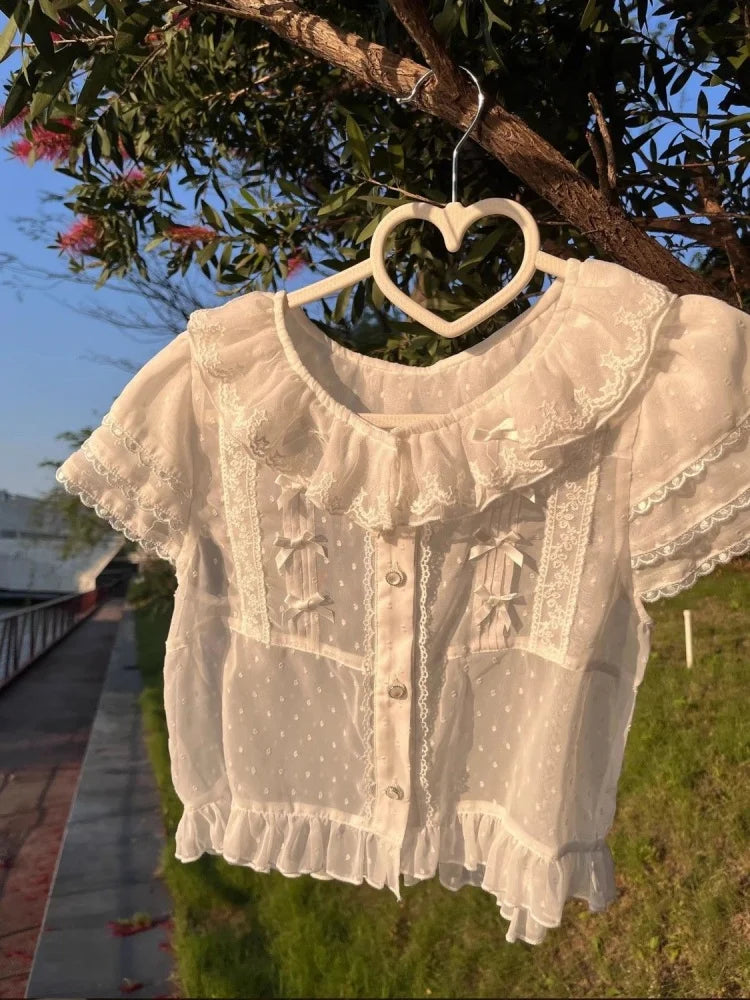 Chiffon Shirts Vintage Lace Ruffles Bow Blouse