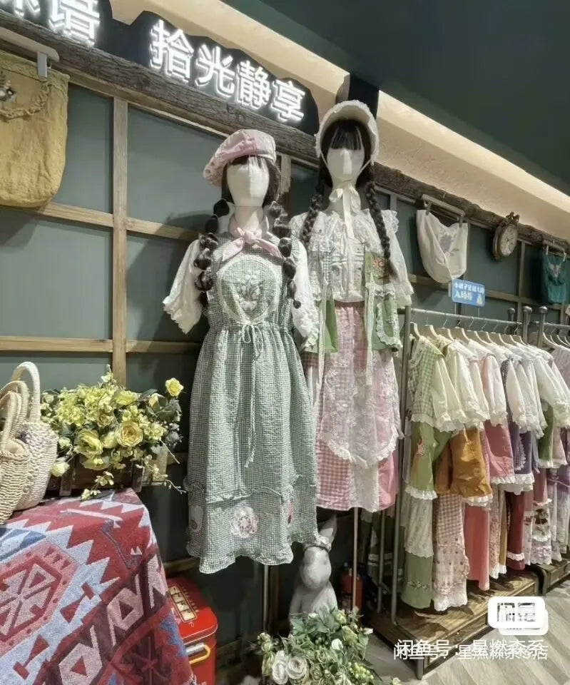 Summer Women Sweet Cotton Ruffled Lace Patchwork Long Midi Dress Vintage Kawaii Japanese Mori Girl Harajuku Green Dress