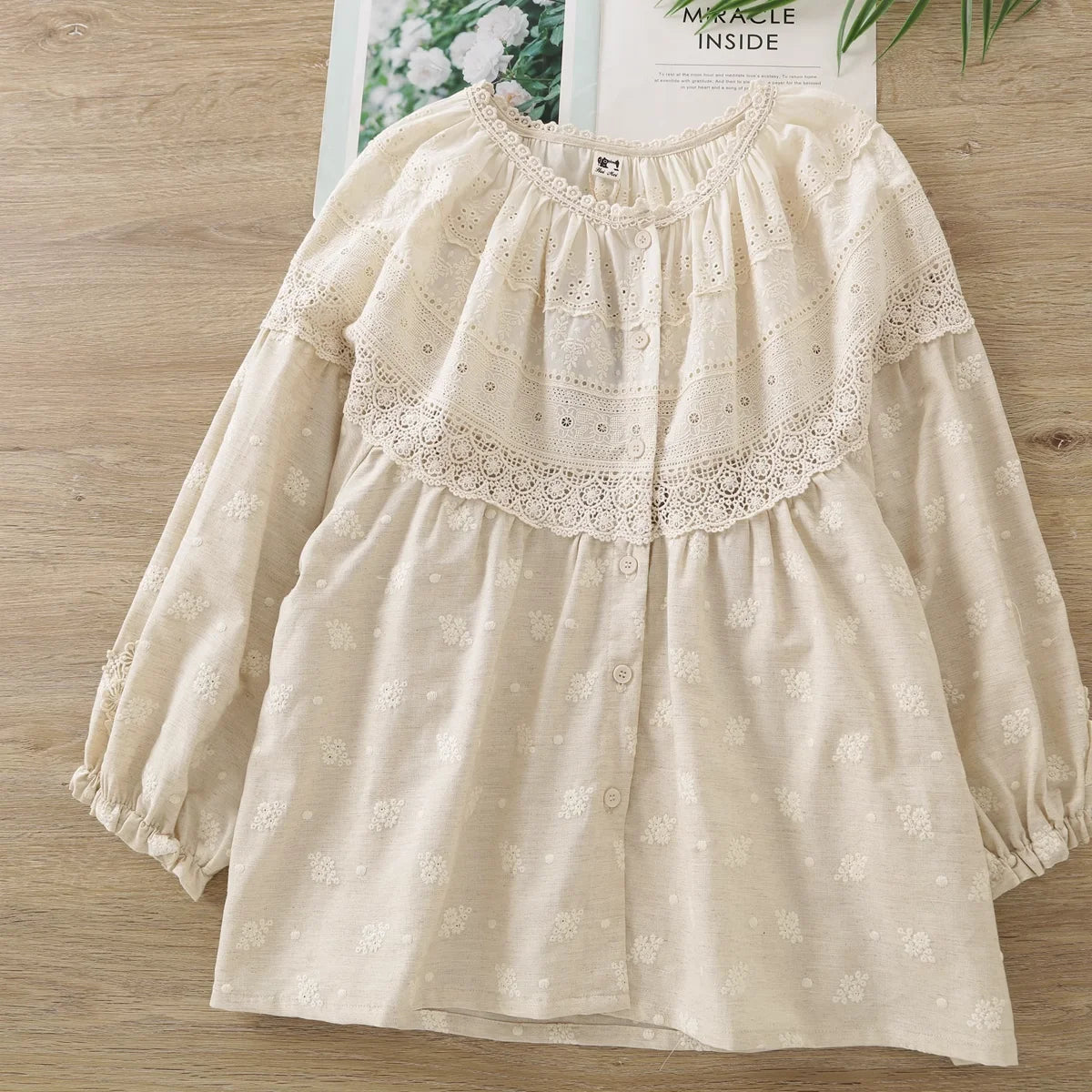 Cute clothes mori girl style Japan designer cotton lace crochet patchwork print shirts and blouses for women summer tops