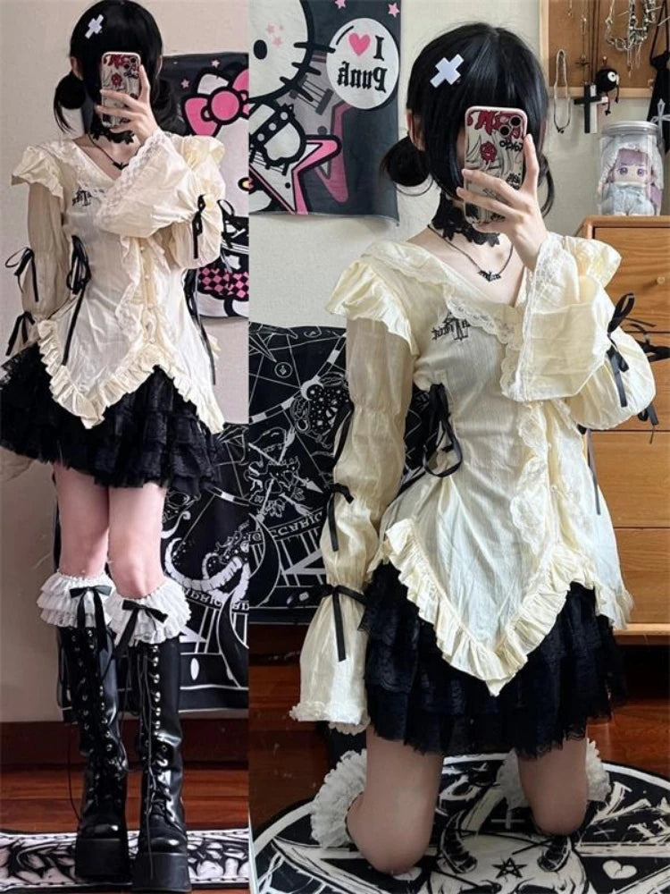 Gothic Harajuku Aesthetic Shirts Women Bandage Blouse Y2k Lolita Sweet Japanese Tops Ruffle Flared Sleeve Irregular Vintage Punk