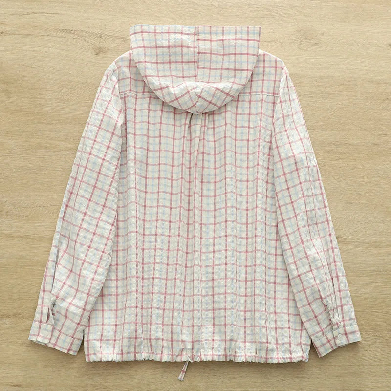 New 2025 Autumn Bubble Cotton Hooded Shirt, Women Long Sleeve Plaid, Mori Girl Casual Versatile Sunscreen Loose Blouse T57448CC