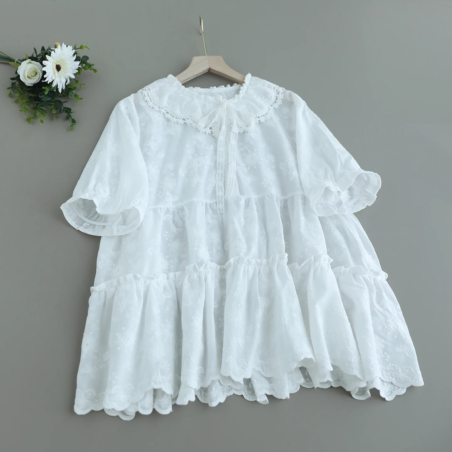 Japanese Sweet Mori Girl Embroidery Jacquard Cotton Shirts Women Summer Ruffled Lace Up Collar Short Sleeve Casual Blouse Tops