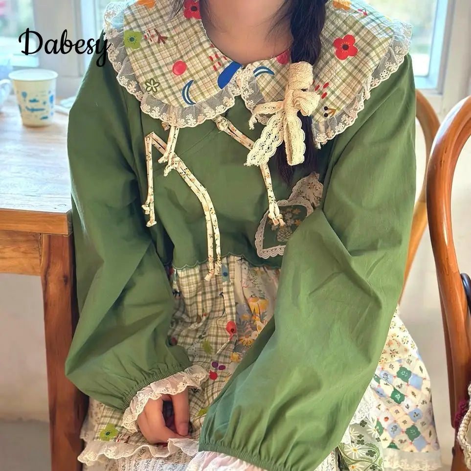 Patchwork Green Cotton Linen Lace Ruffle Doll Collar Top